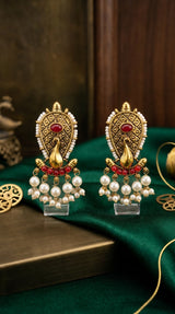 Red Oval Stone Pearl Drop Traditional Gold-Tone Statement Earrings for Women (2 inch) - Red