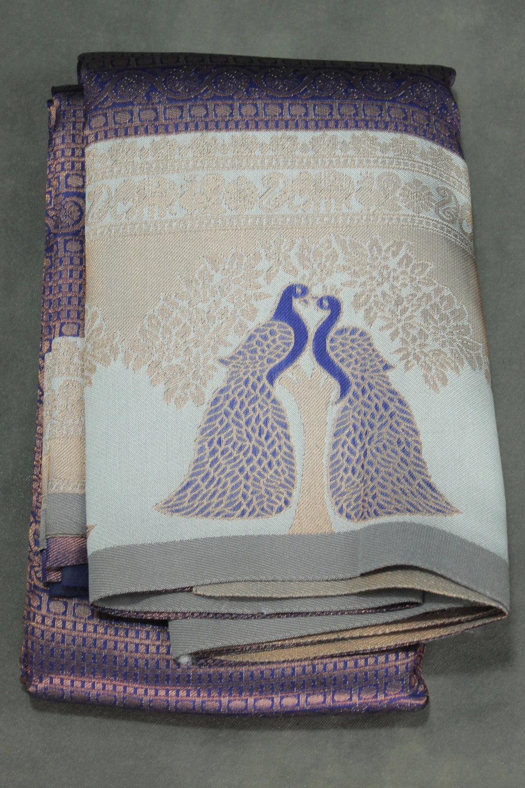 Dark Blue Kubera Pattu Saree with Peacock Border and Blouse - Dark Blue