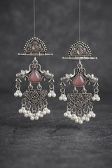Oxidized Silver Oxidation Half-Moon Stud Dangler Earrings with Pearl Beads & Ethnic Carving for Festive Wear