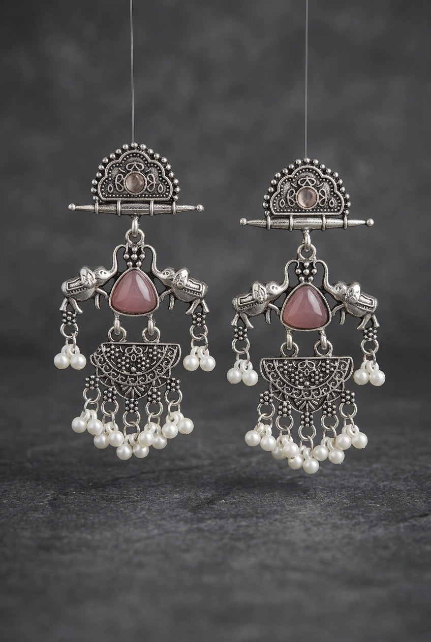 Oxidized Silver Oxidation Half-Moon Stud Dangler Earrings with Pearl Beads & Ethnic Carving for Festive Wear