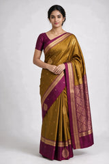 Beige Soft Silk Saree with Jacquard Border and Contrast Zari-Style Pallu - Beige