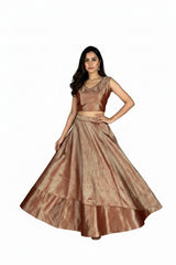 Peach Jacquard Silk Lehenga with Matching Sleeveless Blouse and Zari Woven Pattern - Peach
