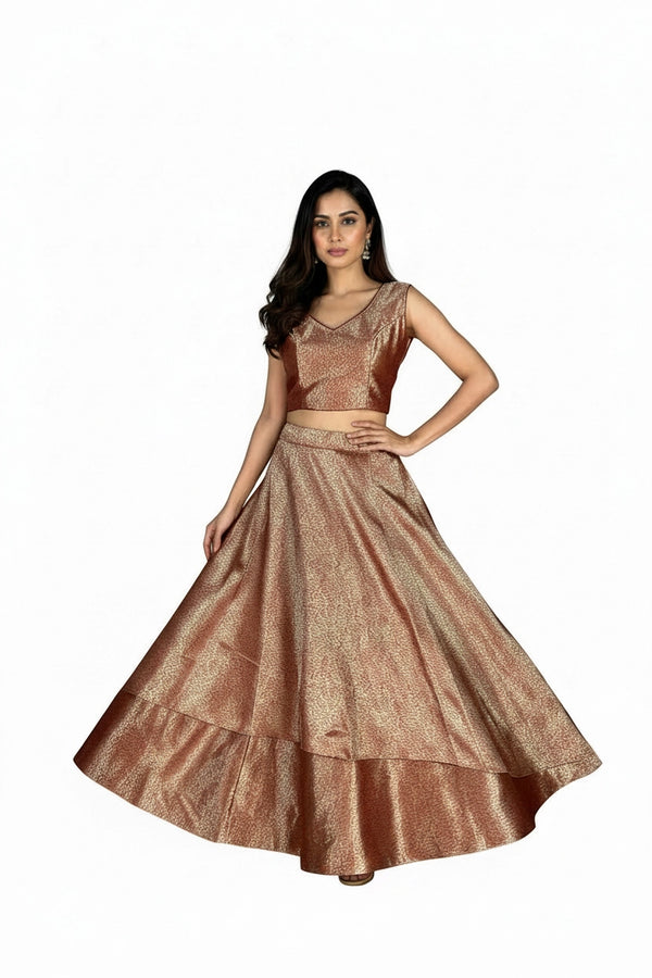 Peach Jacquard Silk Lehenga with Matching Sleeveless Blouse and Zari Woven Pattern - Peach