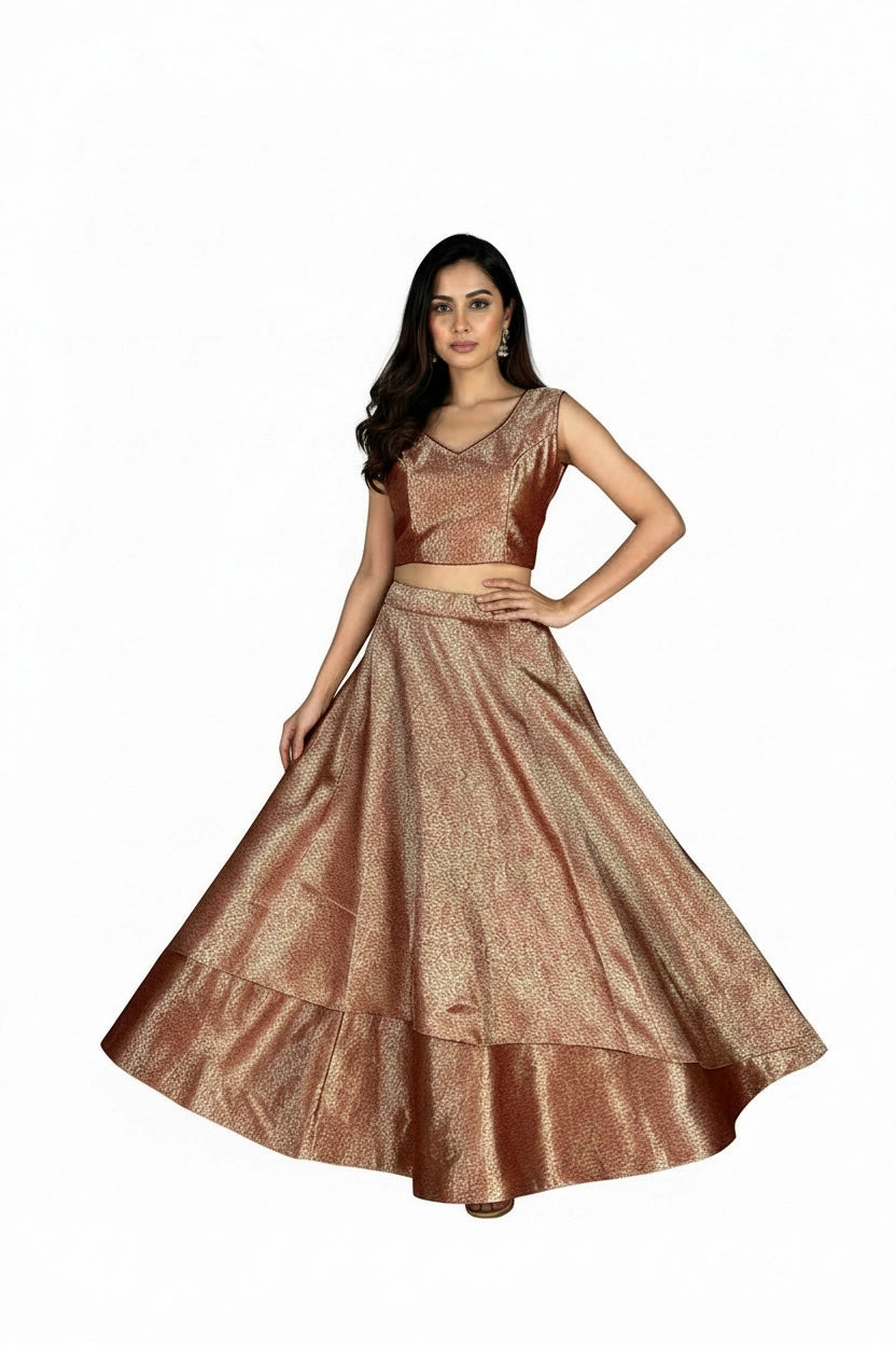 Peach Jacquard Silk Lehenga with Matching Sleeveless Blouse and Zari Woven Pattern - Peach