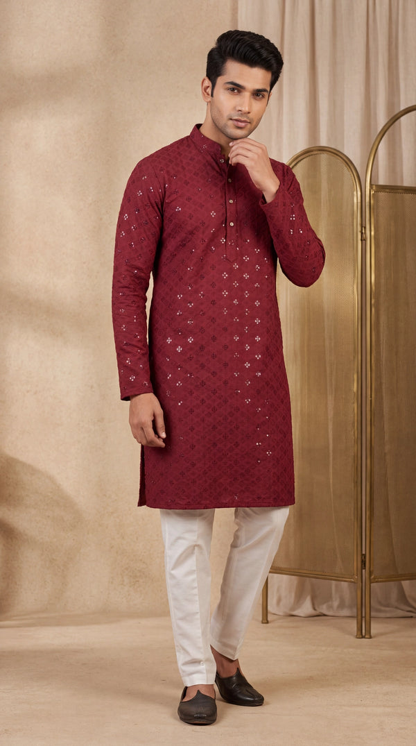 Maroon Lakhnavi Kurta for Men with Embroidered Look & Sequins, Button Placket, Festive Ethnic Wear - Maroon