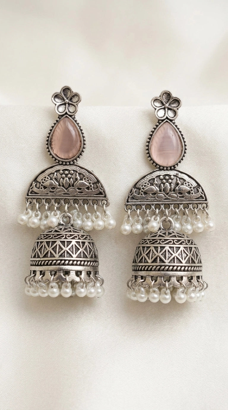 Light Onion Pink Oxidised Silver Jhumka Earrings with Floral Stud and Pearl-Like Drops - Light Onion pink
