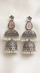 Light Onion Pink Oxidised Silver Jhumka Earrings with Floral Stud and Pearl-Like Drops - Light Onion pink