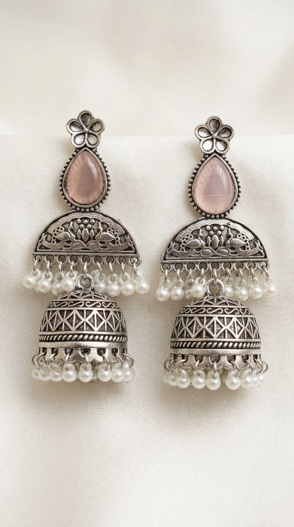 Light Onion Pink Oxidised Silver Jhumka Earrings with Floral Stud and Pearl-Like Drops - Light Onion pink
