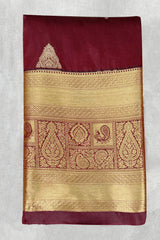 Pure Silk Saree with Heavy Pallu and Contrast Border, Maroon & Gold, with Blouse Piece - 5.5 meters