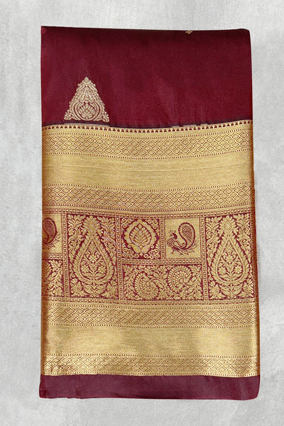 Pure Silk Saree with Heavy Pallu and Contrast Border, Maroon & Gold, with Blouse Piece - 5.5 meters