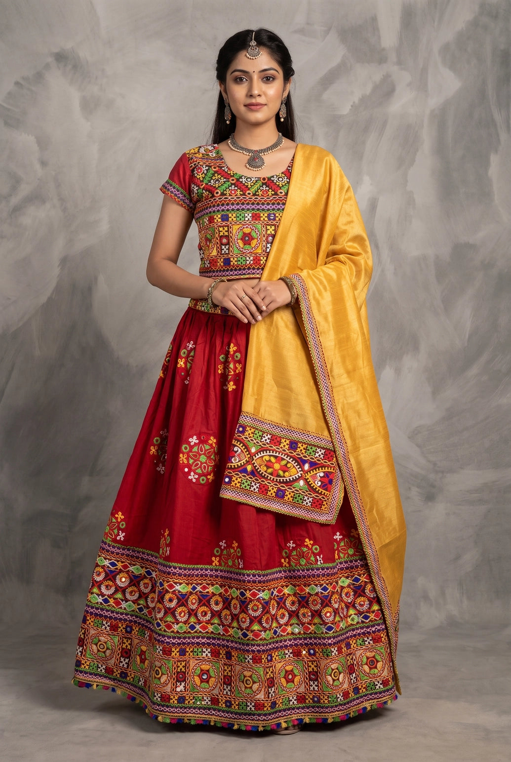 Designer Navratri Chaniya Choli with Heavy Kutchi Mirror Work Choli and Plain Dupatta, Maroon & Yellow - Maroon & Yellow