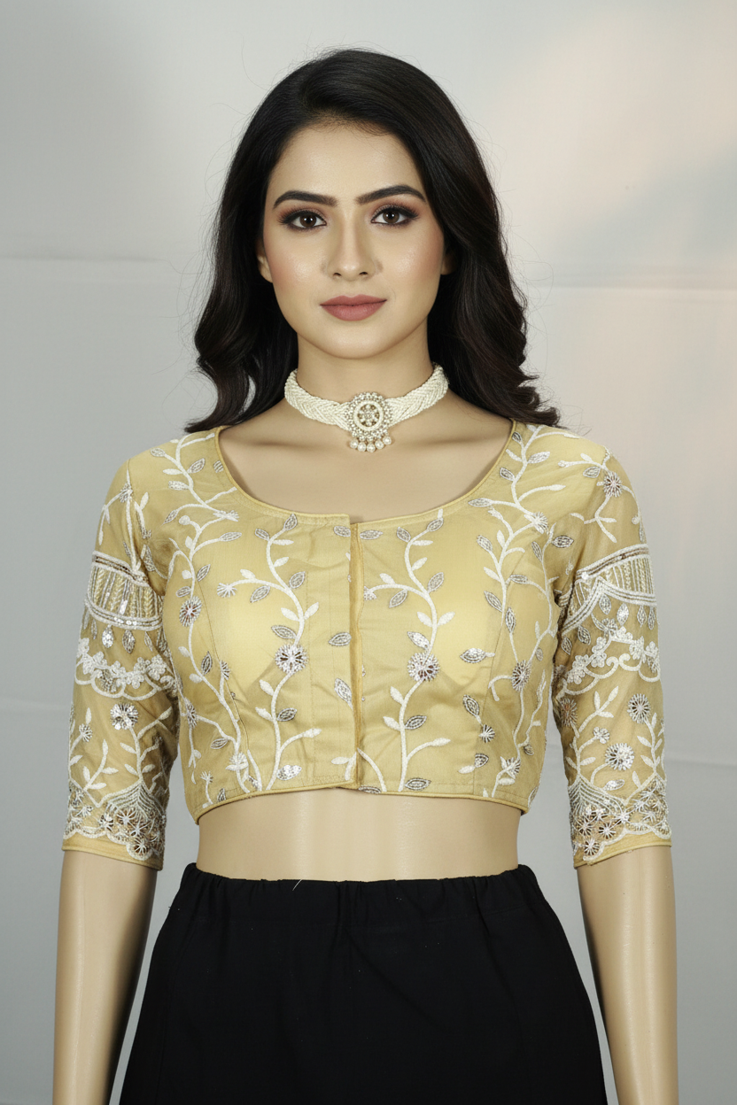 Sandal Ready-to-Wear Designer Padded Blouse with Aari Floral Embroidery, Elbow Sleeves and Back Knot
