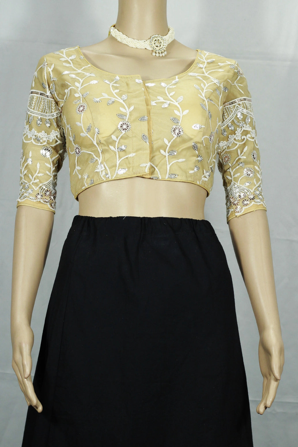 Sandal Ready-to-Wear Designer Padded Blouse with Aari Floral Embroidery, Elbow Sleeves and Back Knot - Sandal