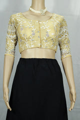 Sandal Ready-to-Wear Designer Padded Blouse with Aari Floral Embroidery, Elbow Sleeves and Back Knot - Sandal