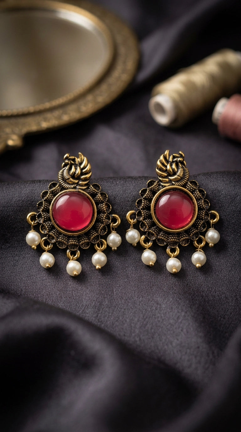 Red Stone & Pearl Drop Antique Gold-Tone Statement Earrings for Women, Traditional Ethnic Jhumka Style - Red