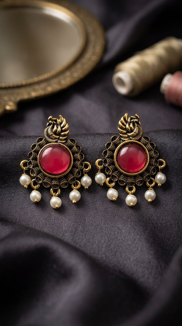 Red Stone & Pearl Drop Antique Gold-Tone Statement Earrings for Women, Traditional Ethnic Jhumka Style - Red
