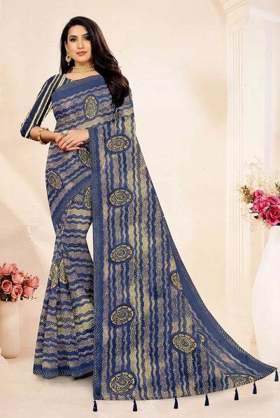 Navy Blue Georgette Saree with Zomato Jasmin Print, Striped Pattern and Contrast Border - Navy Blue
