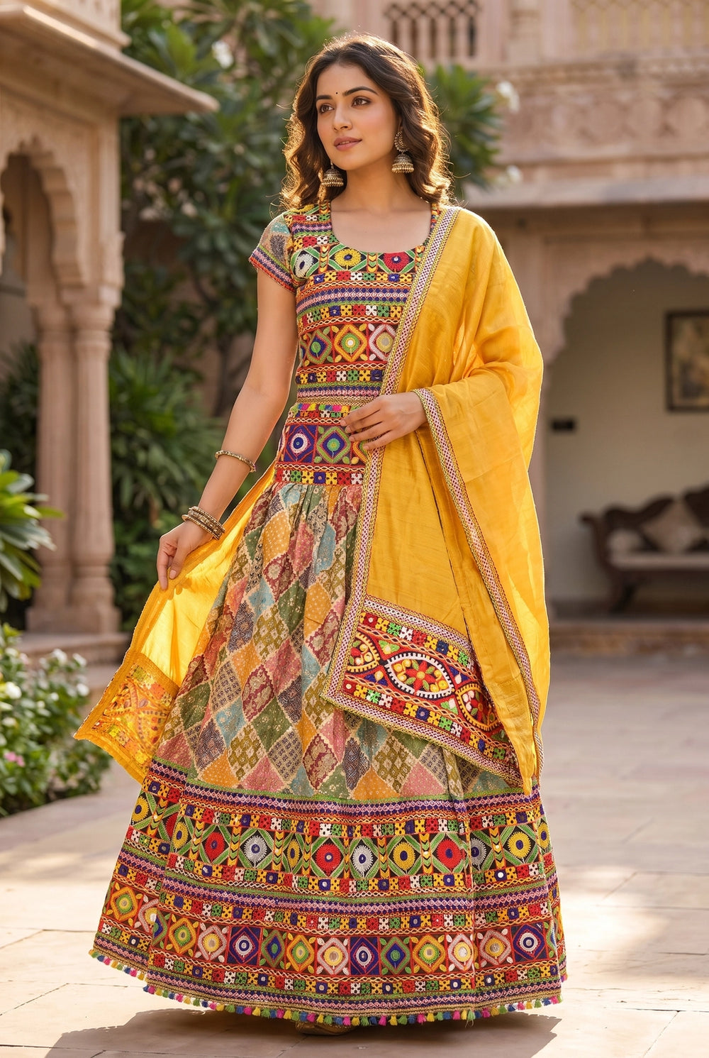 Multicolor & Yellow Designer Navratri Chaniya Choli with Camel Block Print and Matching Dupatta - Multicolor & Yellow