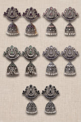Oxidized Silver Traditional Jhumka Earrings with Crescent Top, Teardrop Stones & Pearl Tassels