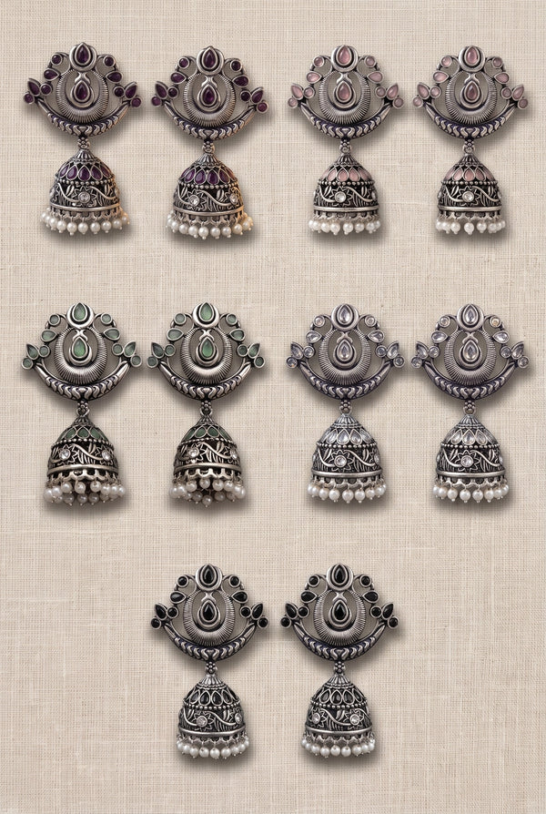 Oxidized Silver Traditional Jhumka Earrings with Crescent Top, Teardrop Stones & Pearl Tassels