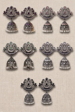Oxidized Silver Traditional Jhumka Earrings with Crescent Top, Teardrop Stones & Pearl Tassels