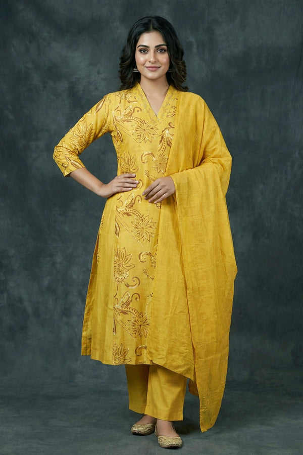 Yellow Cotton 3-Piece Kurti Set with Elastic Pant and Chiffon Dupatta, V-Neck Aari & Mirror Work - Yellow
