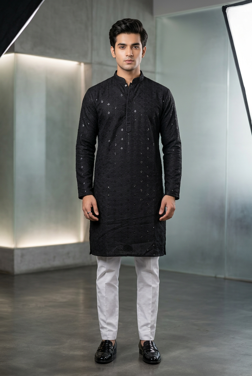 Black Men's Lakhnavi Kurta with Resham and Sequence