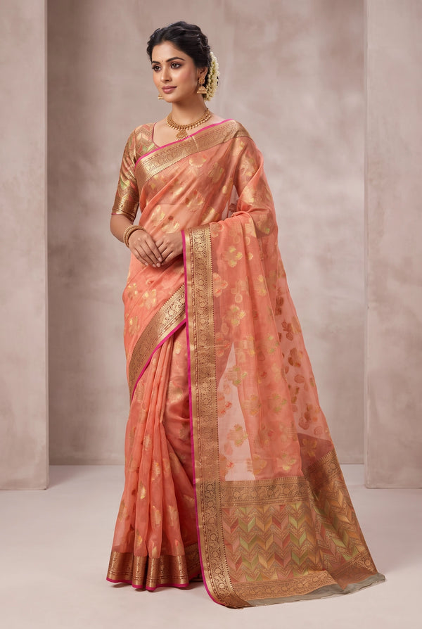 Orange Cotton Oraganza Saree with Grand Pallu and Zari Border, Saree with Blouse for Festive Wear - Orange