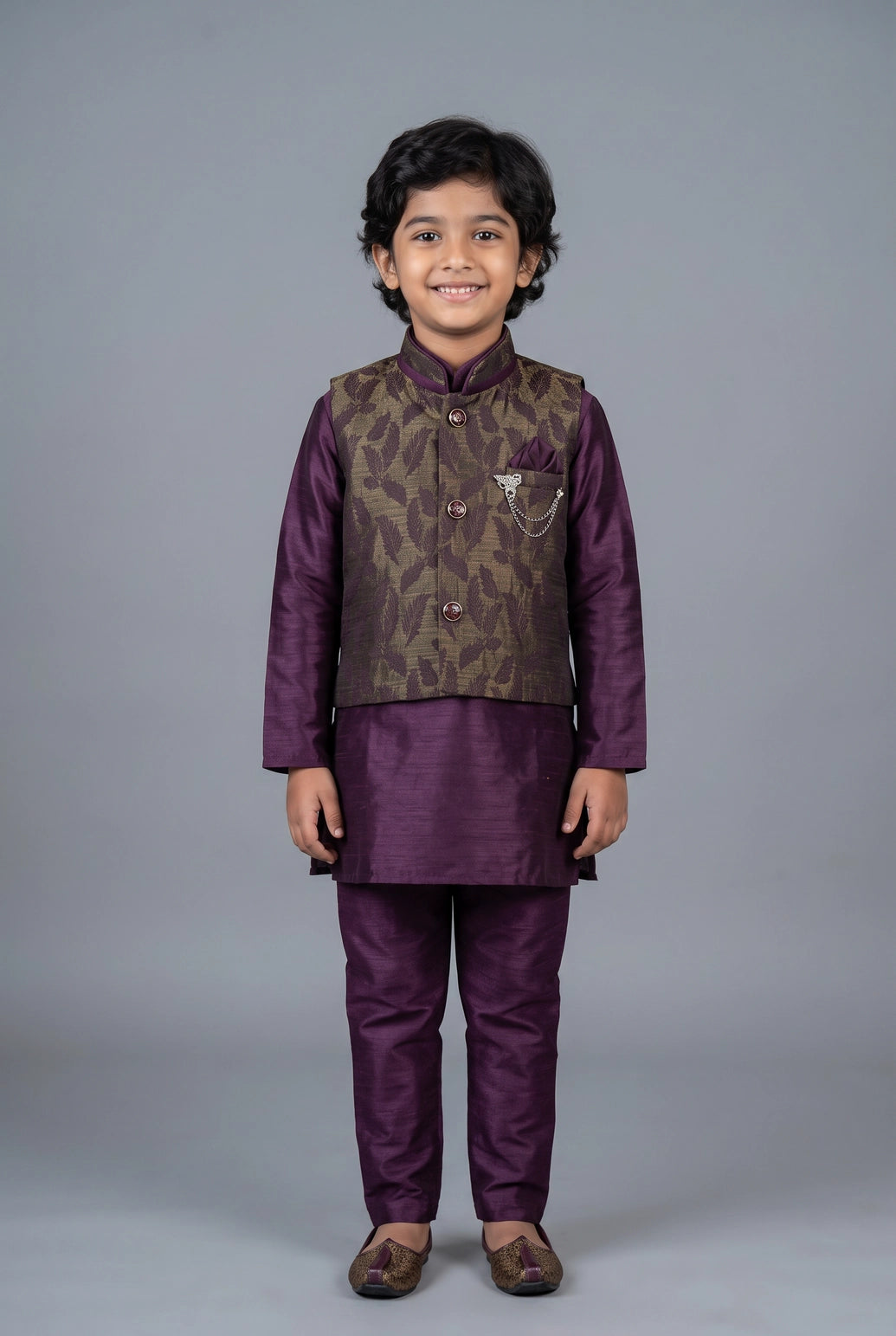 Boys Wine Koti Kurta Set (3-Piece) with Nehru-Style Waistcoat, Matching Pants & Brooch - Wine