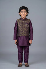 Boys Wine Koti Kurta Set (3-Piece) with Nehru-Style Waistcoat, Matching Pants & Brooch - Wine