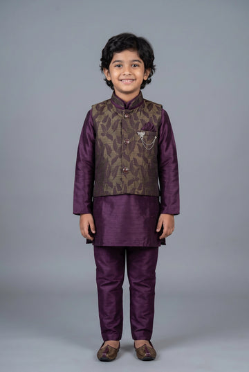 Boys Wine Koti Kurta Set (3-Piece) with Nehru-Style Waistcoat, Matching Pants & Brooch