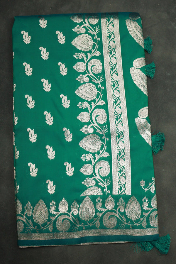 Green Soft Silk Banarasi Zari Saree with Floral and Mango Motifs, Contrast Border and Pallu, Tassels - Green