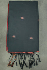Black Maheswari Silk Cotton Saree with Small Butta and Zari Border, Blouse Piece Included - Black