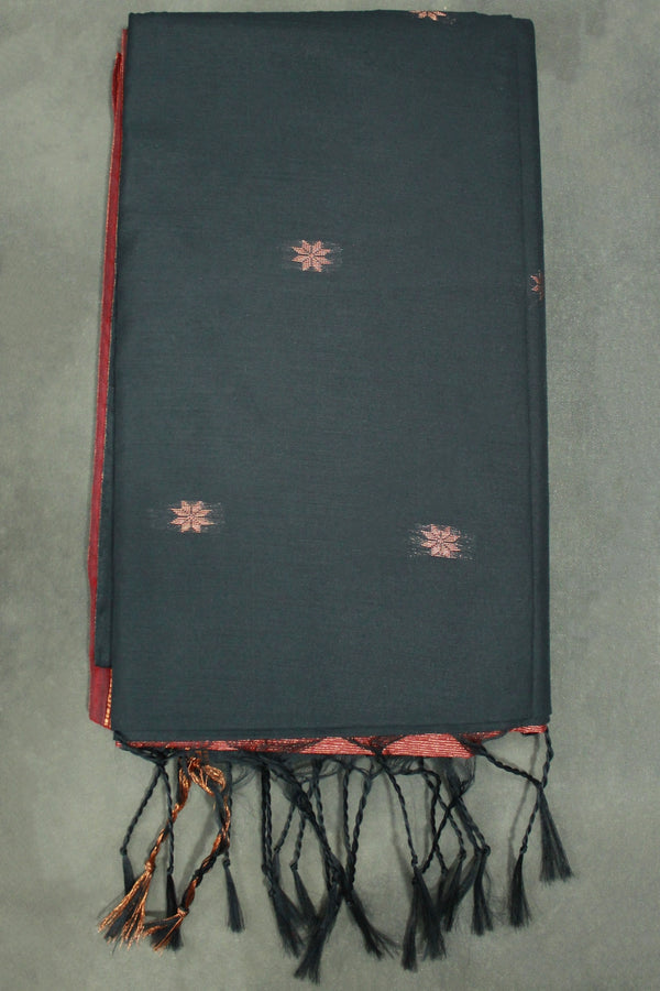 Black Maheswari Silk Cotton Saree with Small Butta and Zari Border, Blouse Piece Included - Black