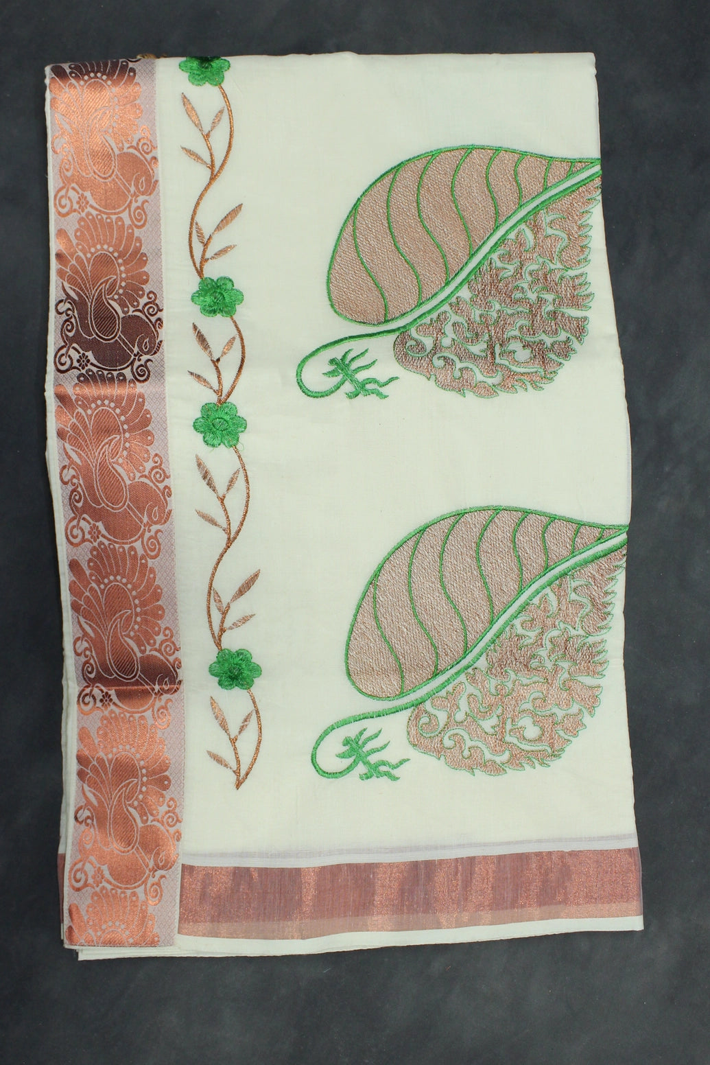 Pure Kerala Cotton White Saree with Copper Zari Peacock & Floral Embroidery - White