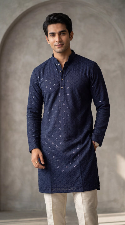 Men’s Navy Blue Lakhnavi Kurta with Sequined Motif Work, Mandarin Collar, Regular Fit - Navy Blue