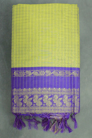 Kalyani Cotton Saree Olive Green with Zari Checked & Zari Peacock Border and Blouse Piece