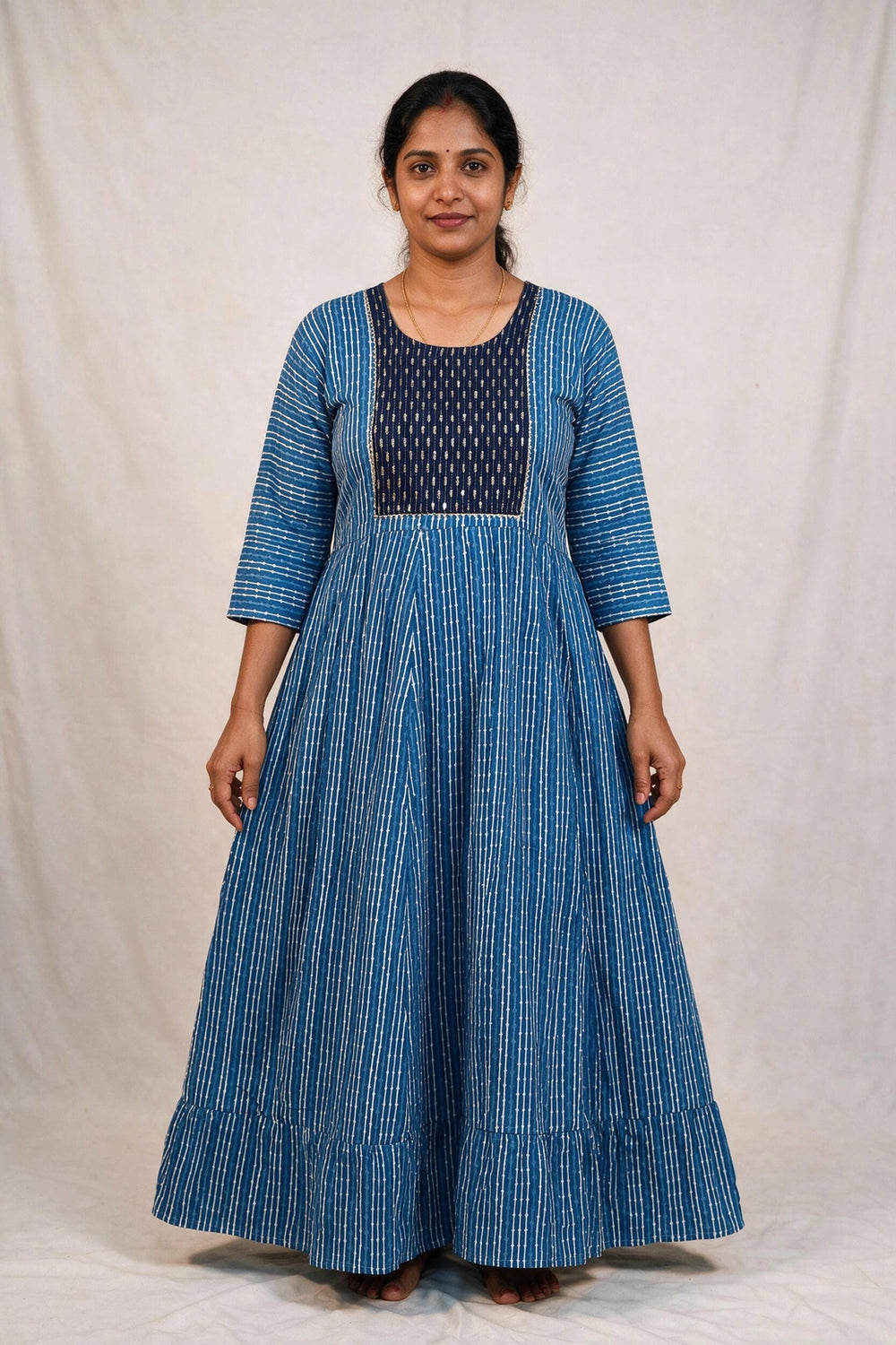 Navy Blue Cotton Anarkali Kurti with Geometric Floral Pattern & Silver Sequin Stripe Dori Detail - Navy Blue