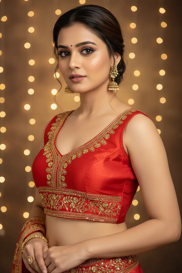 Red Designer Padded Saree Blouse with Gold Thread Embroidery, Sequins Finish, Back Knot, Sleeveless - Red