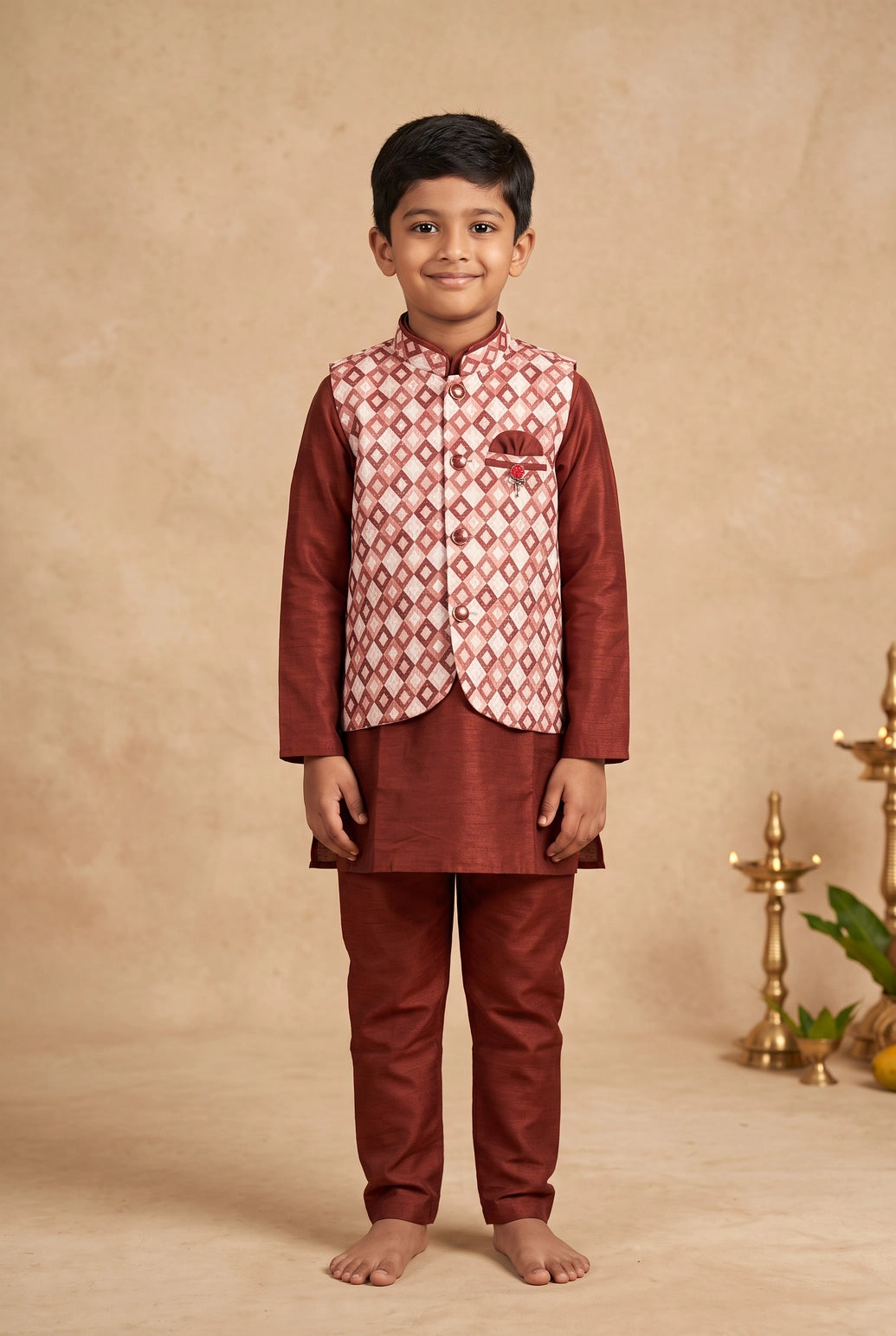 Boys Maroon 3-Piece Cotton Kurta Set with Printed Nehru Koti, Matching Pants & Decorative Brooch - Maroon