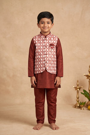 Boys Maroon 3-Piece Cotton Kurta Set with Printed Nehru Koti, Matching Pants & Decorative Brooch