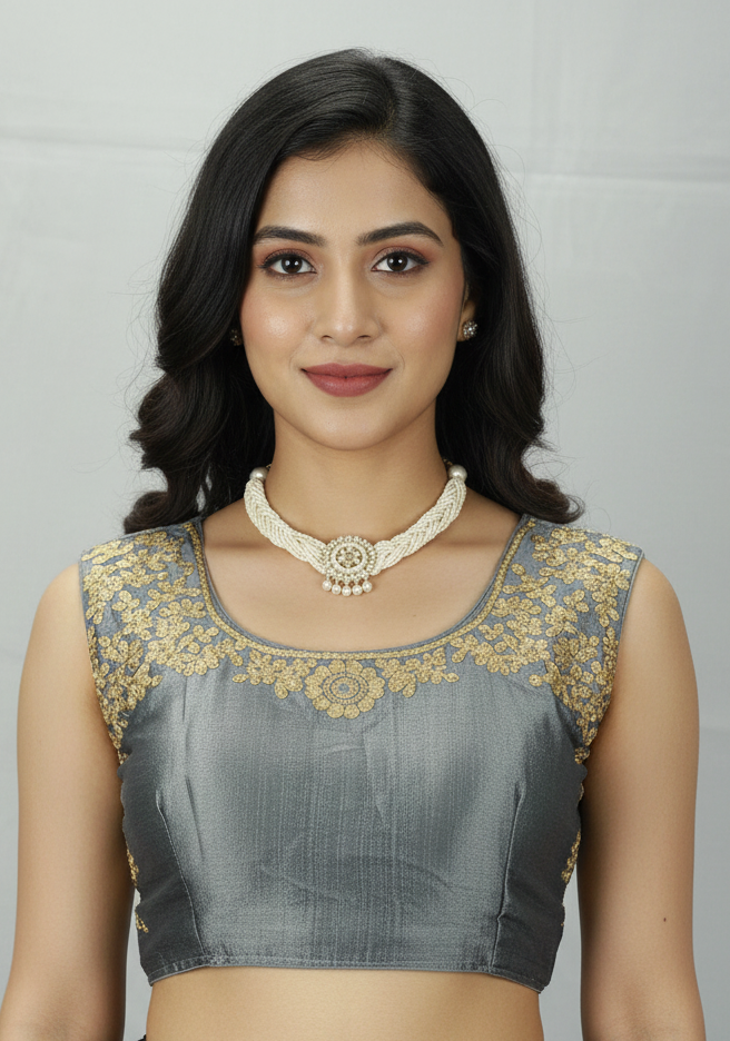 Ash Grey Designer Padded Blouse with Golden Aari Work Floral Motifs, Sleeveless Back Knot, Ready-to-Wear