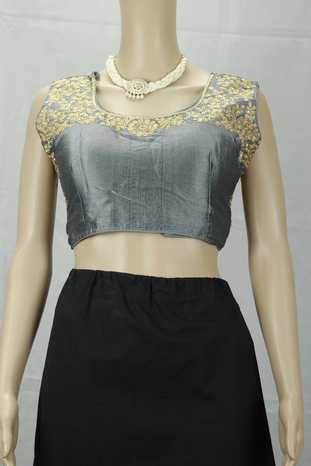 Ash Grey Designer Padded Blouse with Golden Aari Work Floral Motifs, Sleeveless Back Knot, Ready-to-Wear - Ash Grey