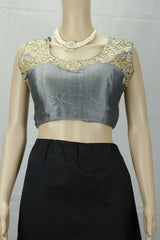 Ash Grey Designer Padded Blouse with Golden Aari Work Floral Motifs, Sleeveless Back Knot, Ready-to-Wear - Ash Grey
