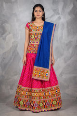 Rani Pink & Blue Navratri Chaniya Choli with Lehriya Print and Kutchi Mirror Border, Party Wear Ethnic Set - Rani Pink & Blue