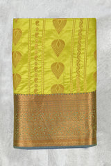 Lime Green Korvai Soft Silk Saree with Delicate Gold Zari Buttas and Traditional Floral Border - Lime Green
