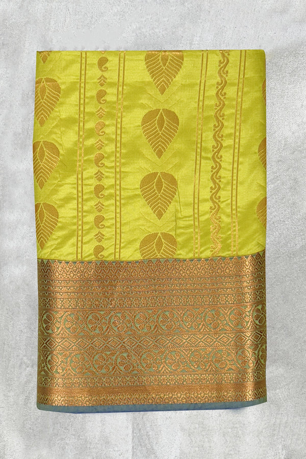 Lime Green Korvai Soft Silk Saree with Delicate Gold Zari Buttas and Traditional Floral Border - Lime Green