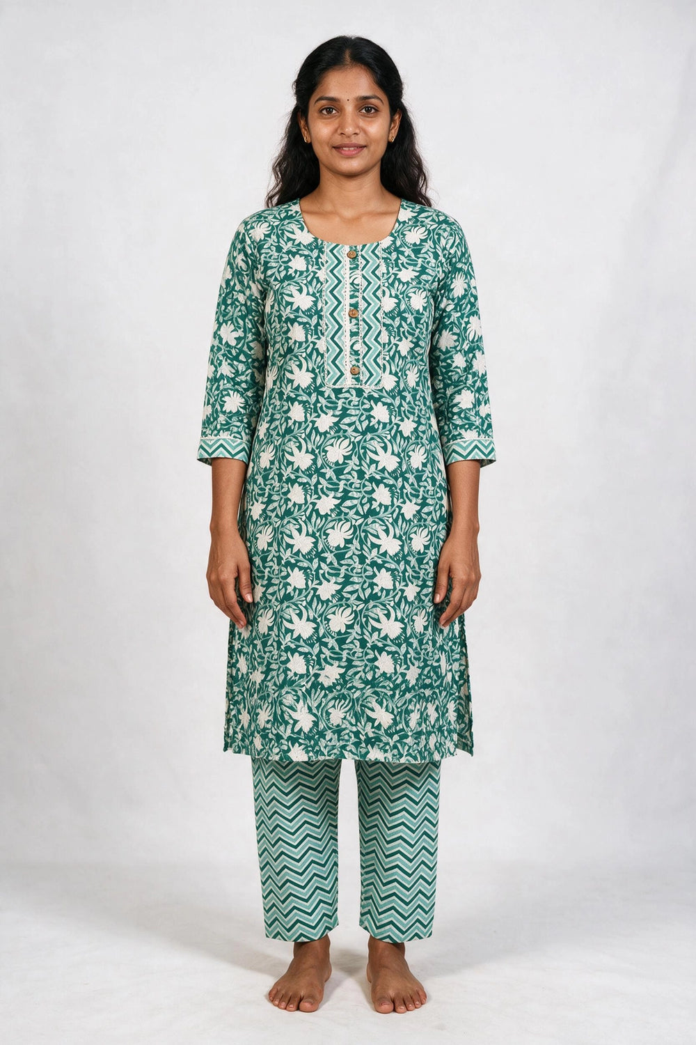 Aqua Green Floral Cotton Kurti Pant Set with Lace Detailing and Elastic Waist - Aqua Green