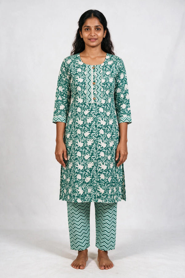 Aqua Green Floral Cotton Kurti Pant Set with Lace Detailing and Elastic Waist - Aqua Green