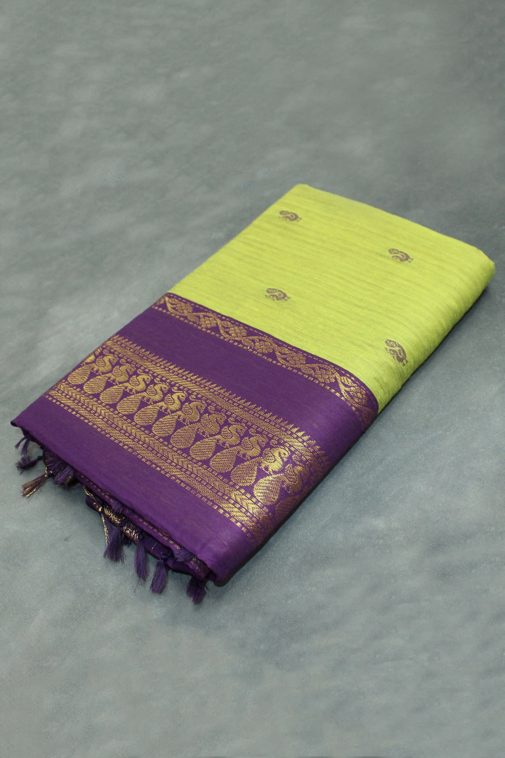 Kalyani Cotton Saree - Green Body with Purple Zari Border and Putta Motifs Saree JCS Fashions Green 5.5 meters